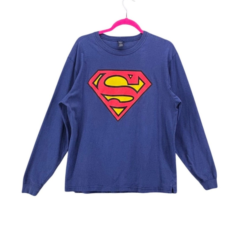 Lands End Superman Blue Long Sleeve Graphic Tee Shirt Womens Large L 14-16